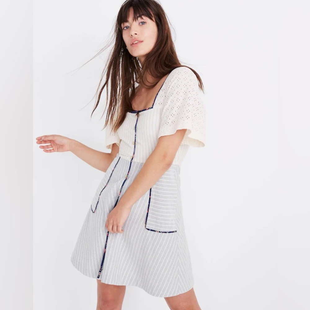 NWT Madewell x The New Denim Project Patchwork Square-Neck Dress Button Stripe